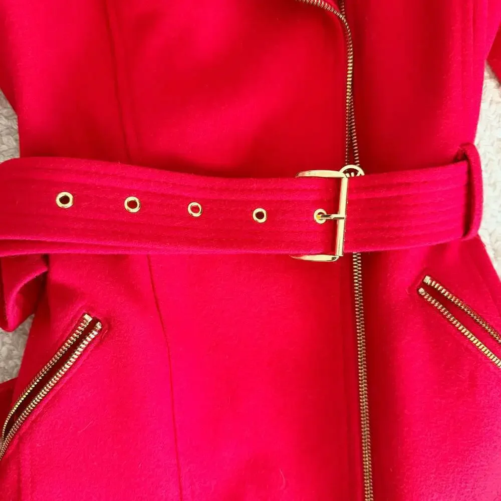 Michael Kors Red Asymmetrical Belted Wool Blend Peacoat with Gold Hardware